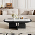 Mesa de centro ovalada de 47.24 de estilo Mid Century, con acabado de chapa de madera maciza negra y tablero de piedra sinterizada blanca brillante