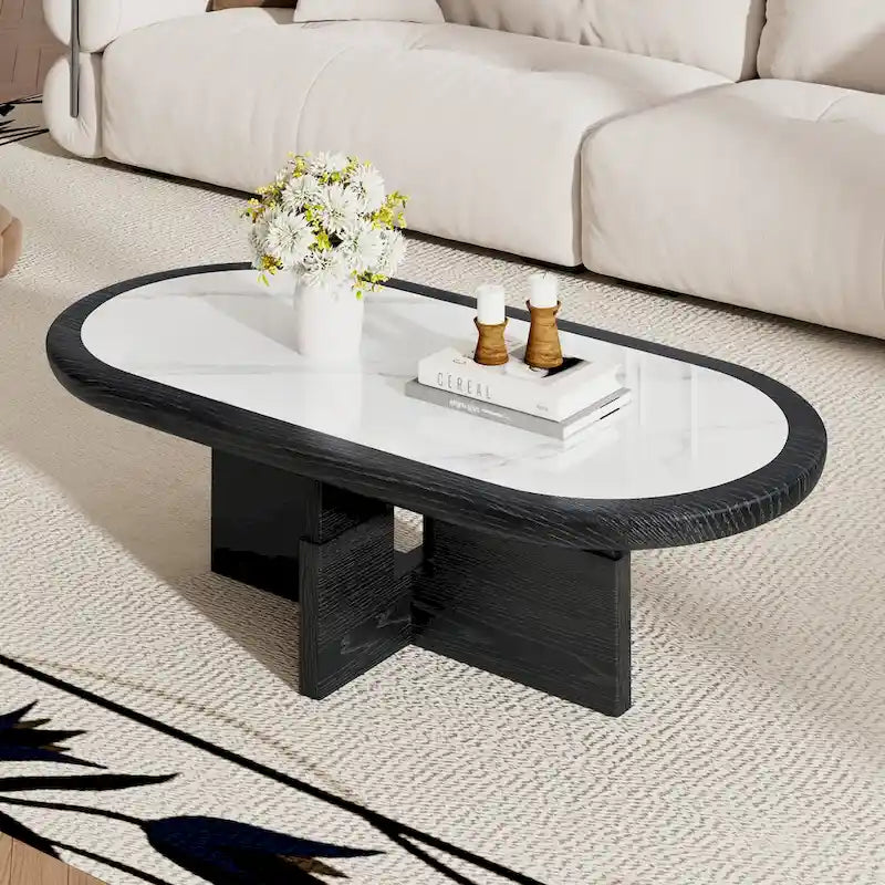 Mesa de centro ovalada de 47.24 de estilo Mid Century, con acabado de chapa de madera maciza negra y tablero de piedra sinterizada blanca brillante