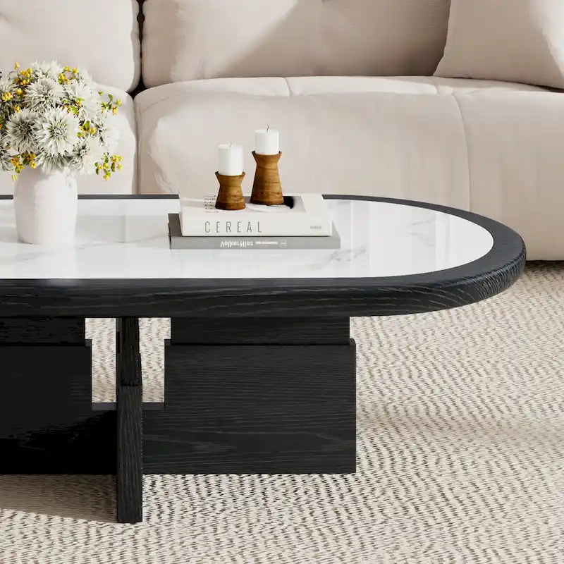 Mesa de centro ovalada de 47.24 de estilo Mid Century, con acabado de chapa de madera maciza negra y tablero de piedra sinterizada blanca brillante