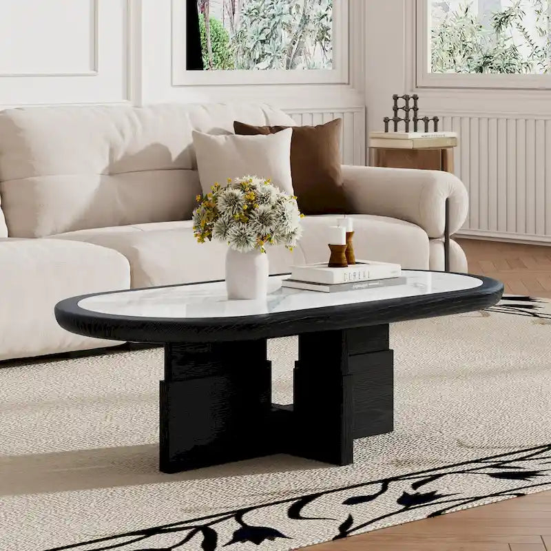 Mesa de centro ovalada de 47.24 de estilo Mid Century, con acabado de chapa de madera maciza negra y tablero de piedra sinterizada blanca brillante