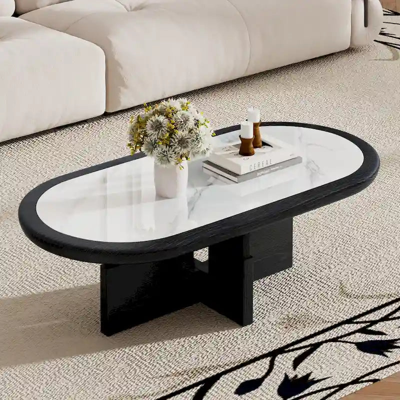 Mesa de centro ovalada de 47.24 de estilo Mid Century, con acabado de chapa de madera maciza negra y tablero de piedra sinterizada blanca brillante