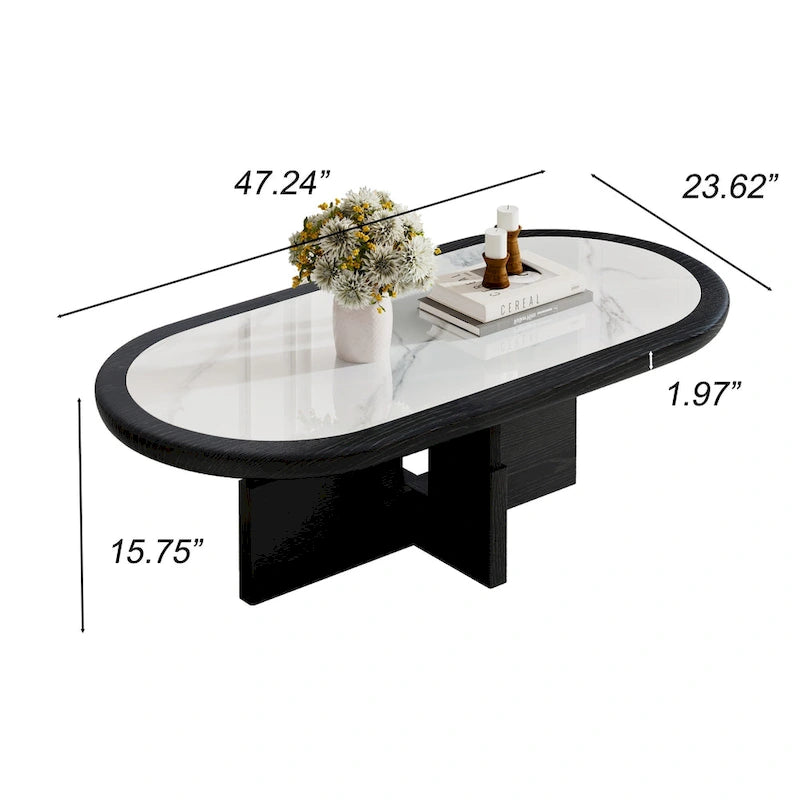 Mesa de centro ovalada de 47.24 de estilo Mid Century, con acabado de chapa de madera maciza negra y tablero de piedra sinterizada blanca brillante