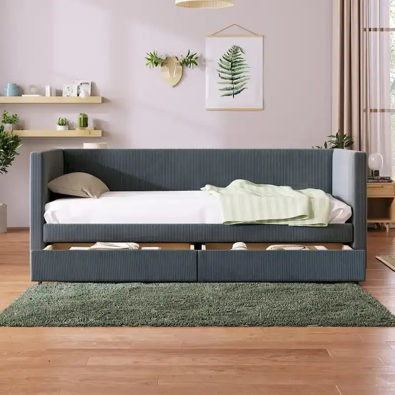 Cama nido individual de pana gris con cajones y soporte de listones de madera