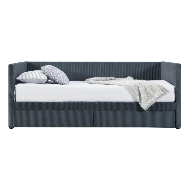 Cama nido individual de pana gris con cajones y soporte de listones de madera