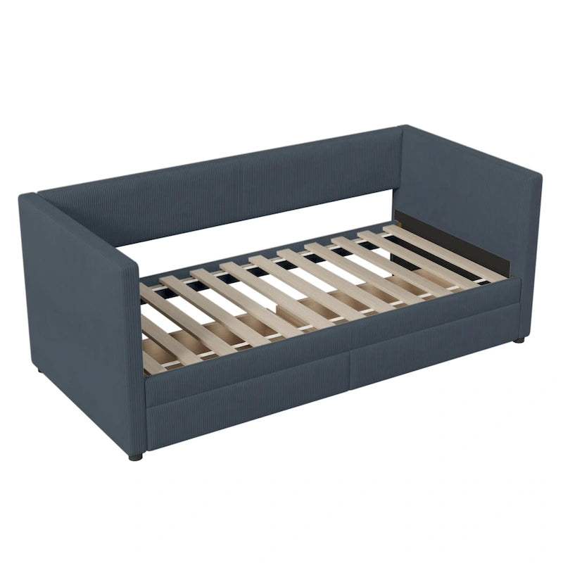 Lit de repos une place en velours côtelé gris avec tiroirs et support à lattes en bois