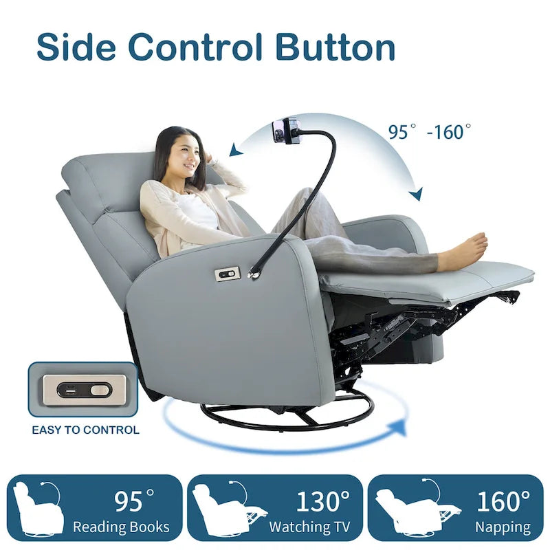 Sillón reclinable giratorio eléctrico de PU con giro de 270°, reclinación eléctrica de 95-160 y dos puertos USB - capacidad de 330lb