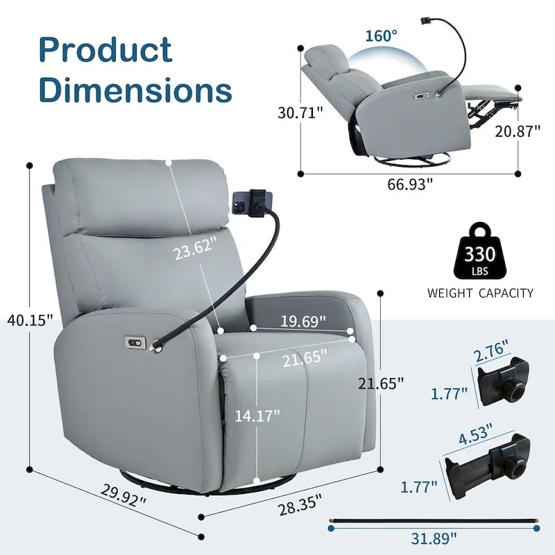 Sillón reclinable giratorio eléctrico de PU con giro de 270°, reclinación eléctrica de 95-160 y dos puertos USB - capacidad de 330lb