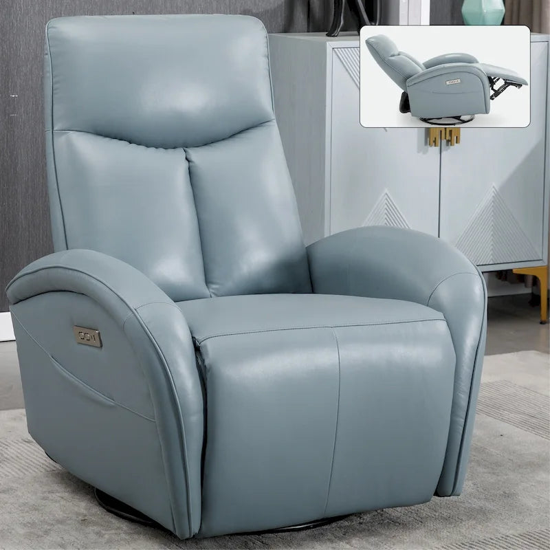 Sillón reclinable eléctrico giratorio de cuero genuino azul con carga USB