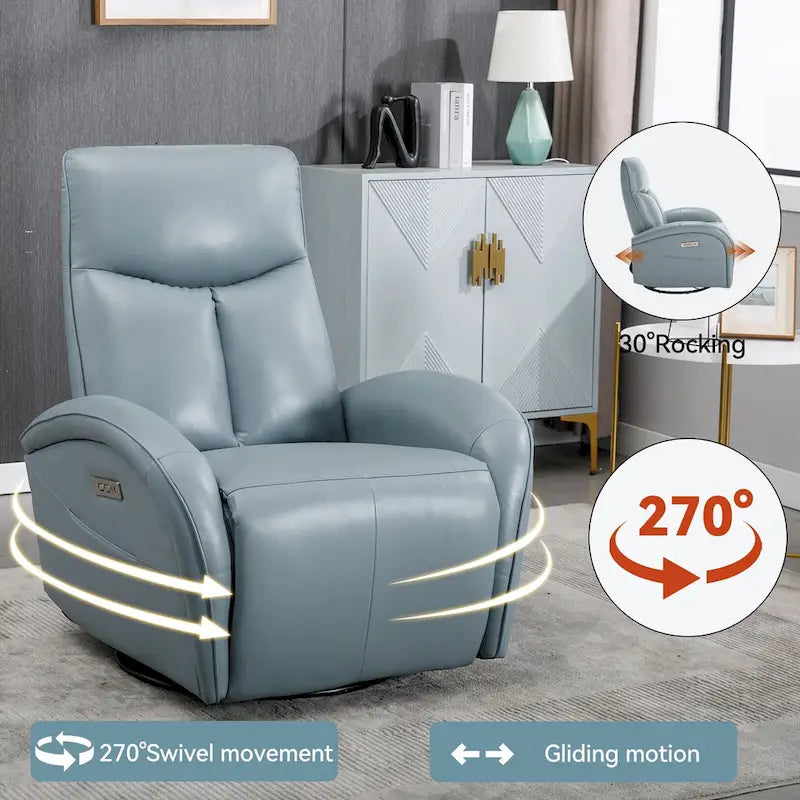 Sillón reclinable eléctrico giratorio de cuero genuino azul con carga USB