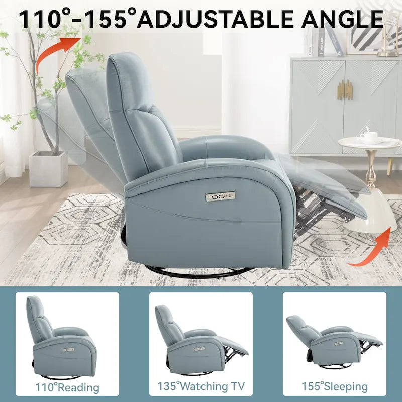 Sillón reclinable eléctrico giratorio de cuero genuino azul con carga USB