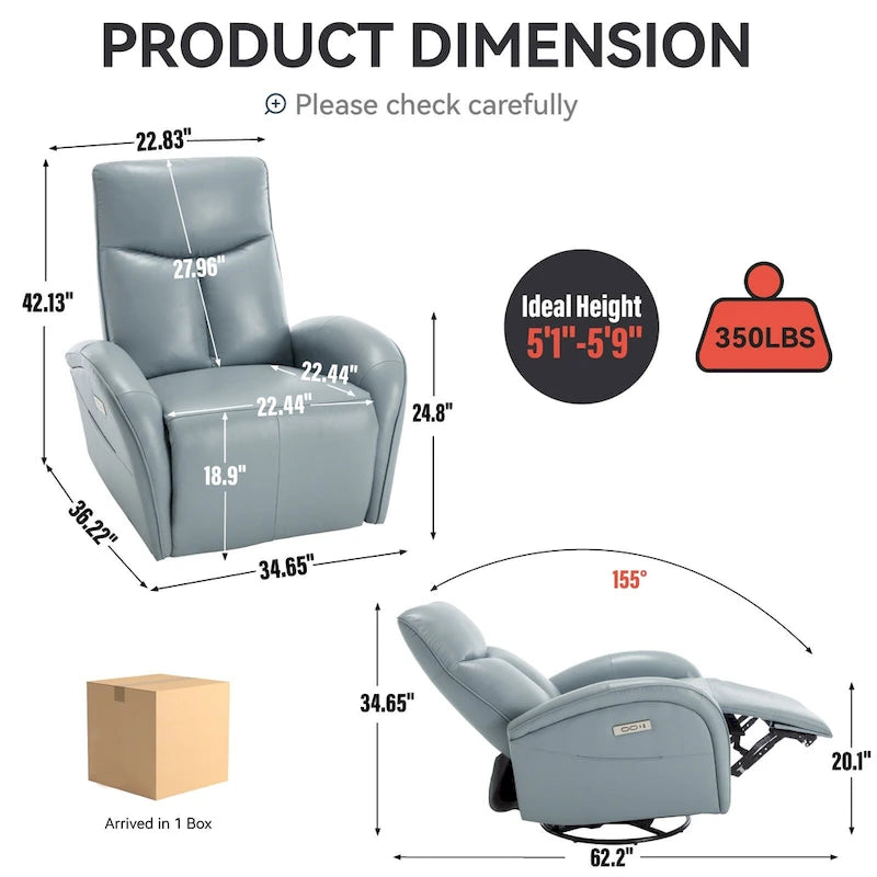 Sillón reclinable eléctrico giratorio de cuero genuino azul con carga USB