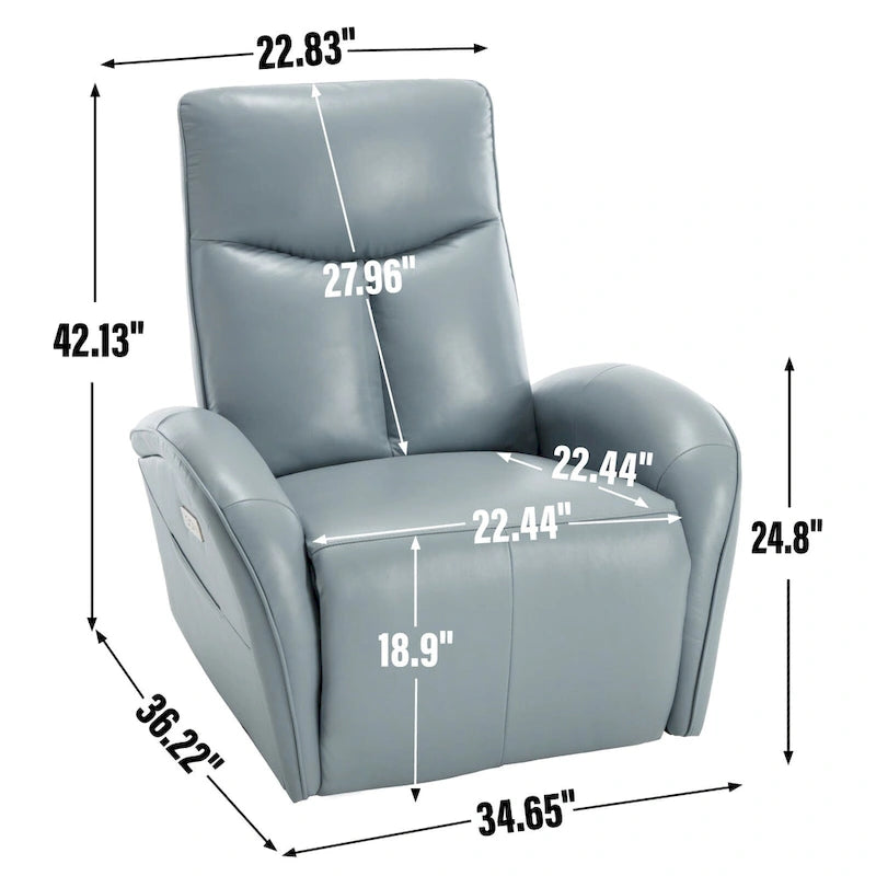 Sillón reclinable eléctrico giratorio de cuero genuino azul con carga USB
