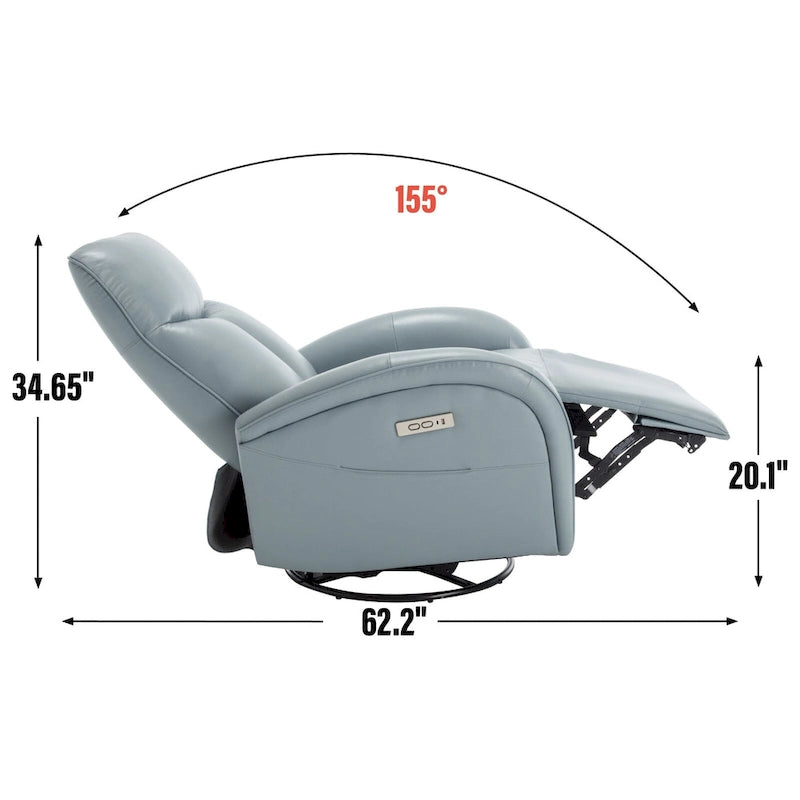 Sillón reclinable eléctrico giratorio de cuero genuino azul con carga USB