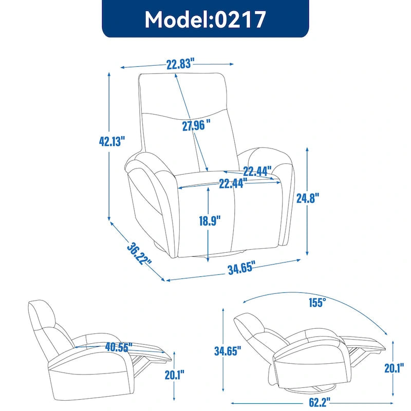 Sillón reclinable eléctrico giratorio de cuero genuino azul con carga USB