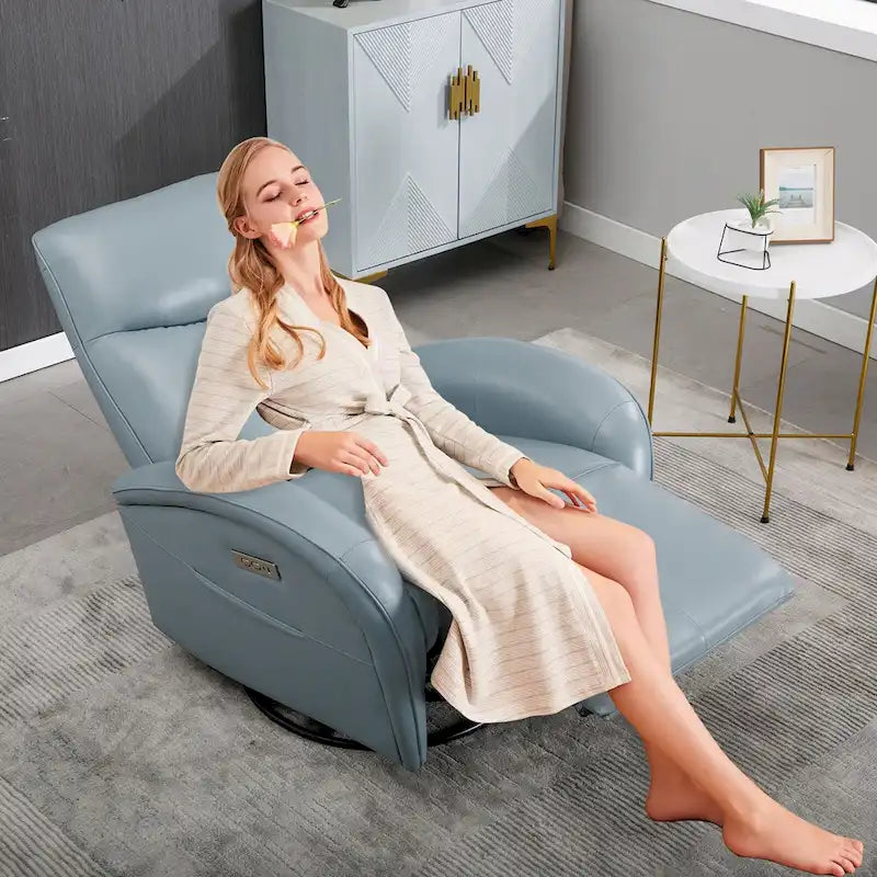 Sillón reclinable eléctrico giratorio de cuero genuino azul con carga USB