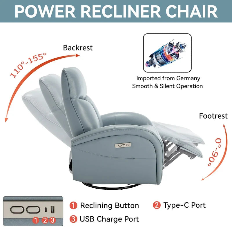 Sillón reclinable eléctrico giratorio de cuero genuino azul con carga USB