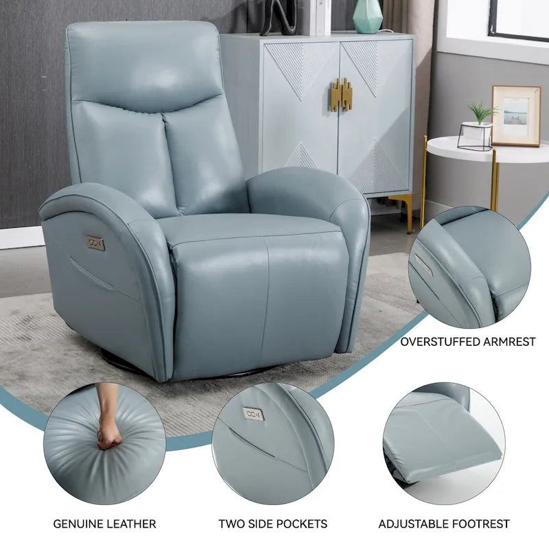 Sillón reclinable eléctrico giratorio de cuero genuino azul con carga USB