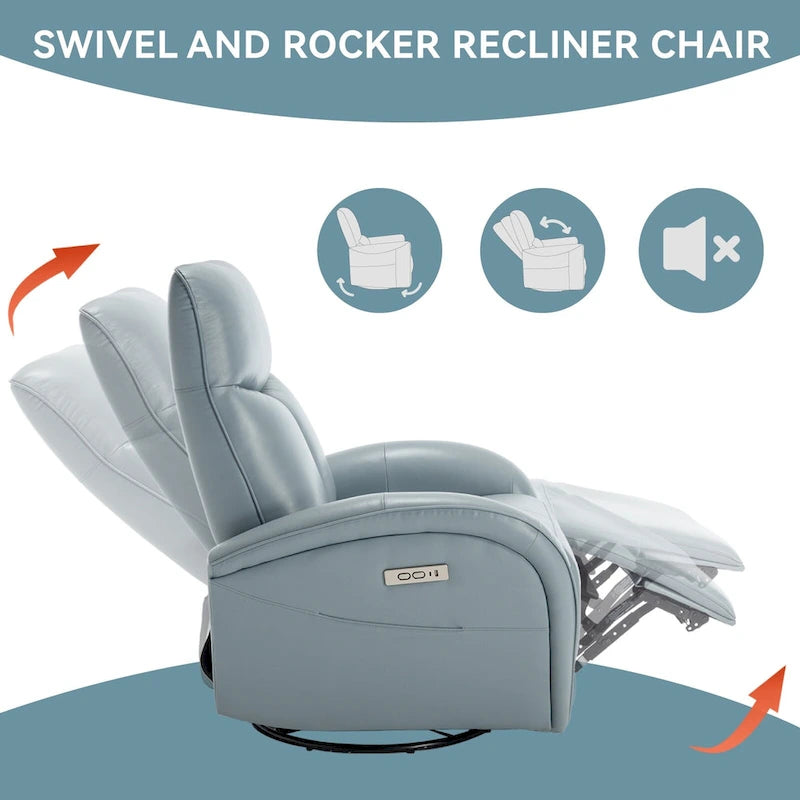 Sillón reclinable eléctrico giratorio de cuero genuino azul con carga USB