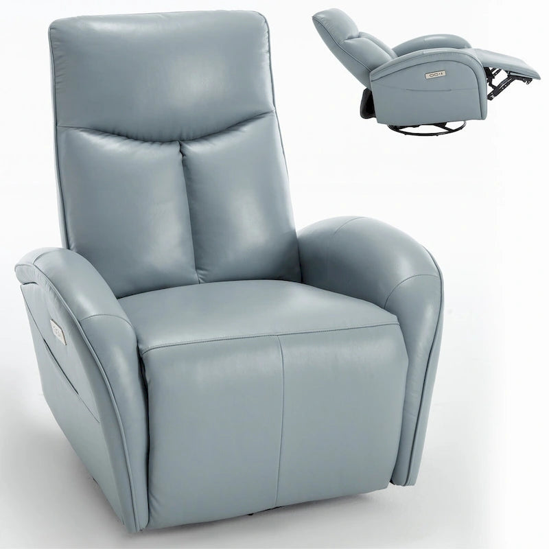 Sillón reclinable eléctrico giratorio de cuero genuino azul con carga USB