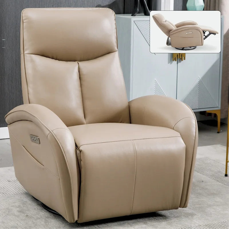 Sillón reclinable eléctrico giratorio de cuero genuino azul con carga USB