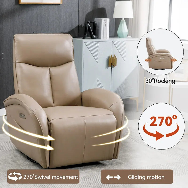 Sillón reclinable eléctrico giratorio de cuero genuino azul con carga USB