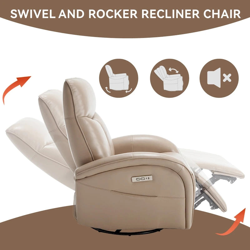 Sillón reclinable eléctrico giratorio de cuero genuino azul con carga USB