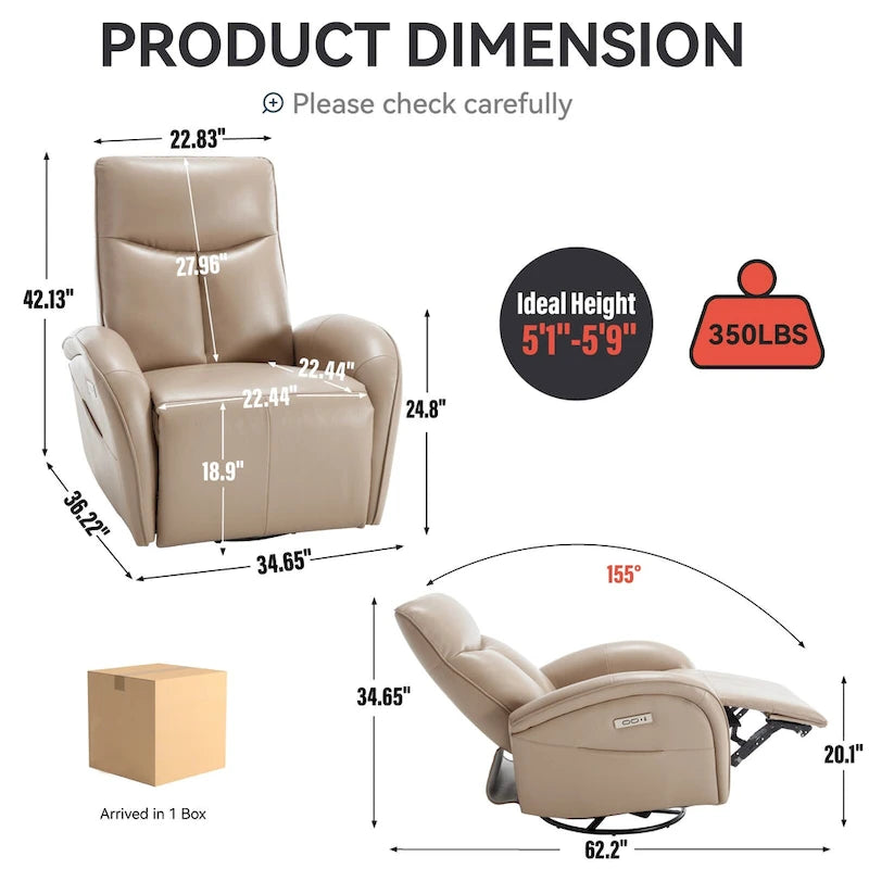 Sillón reclinable eléctrico giratorio de cuero genuino azul con carga USB