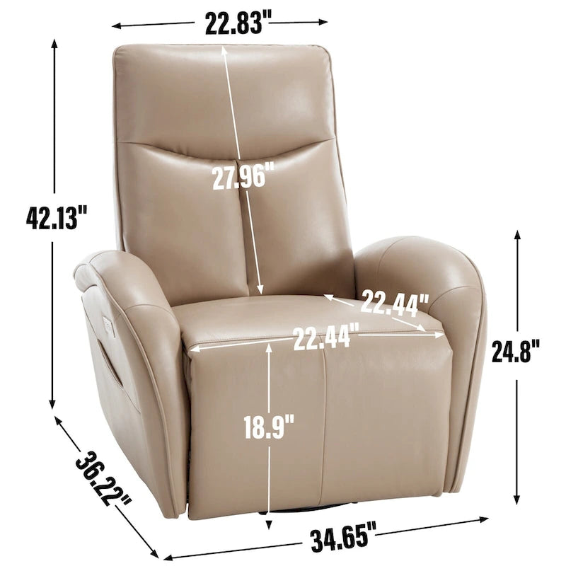 Sillón reclinable eléctrico giratorio de cuero genuino azul con carga USB