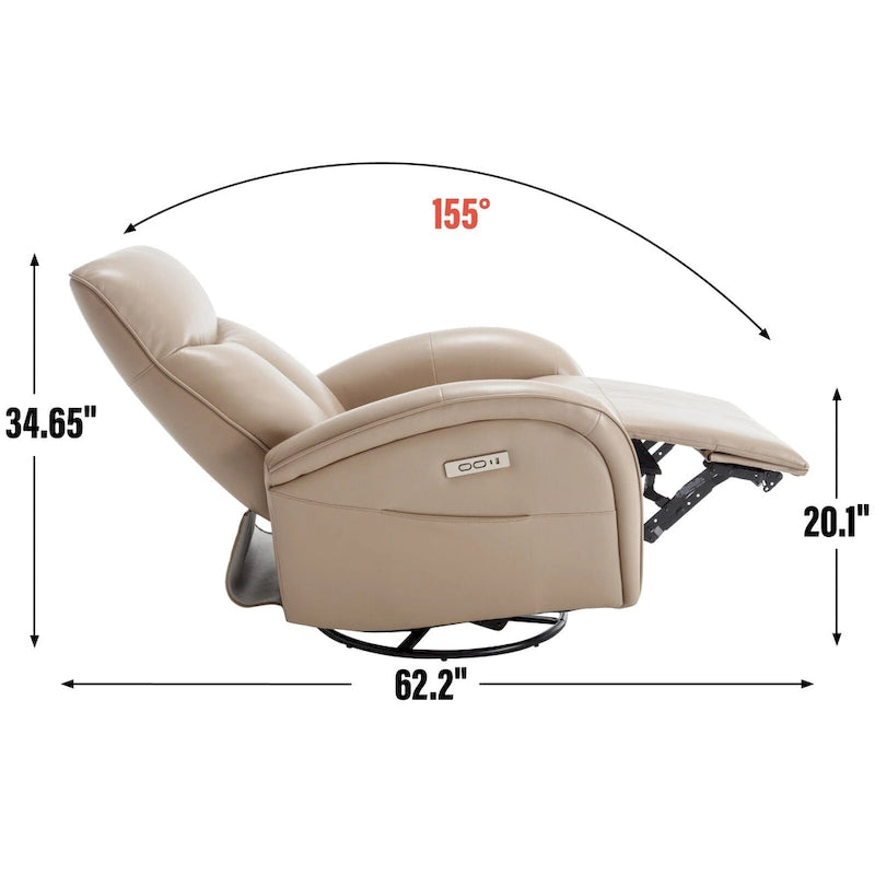 Sillón reclinable eléctrico giratorio de cuero genuino azul con carga USB