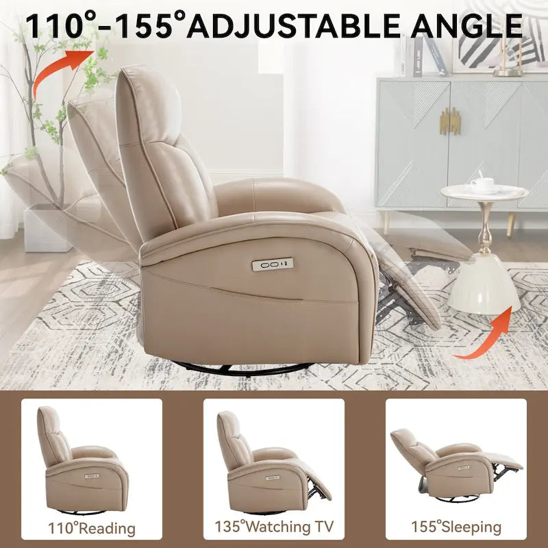 Sillón reclinable eléctrico giratorio de cuero genuino azul con carga USB