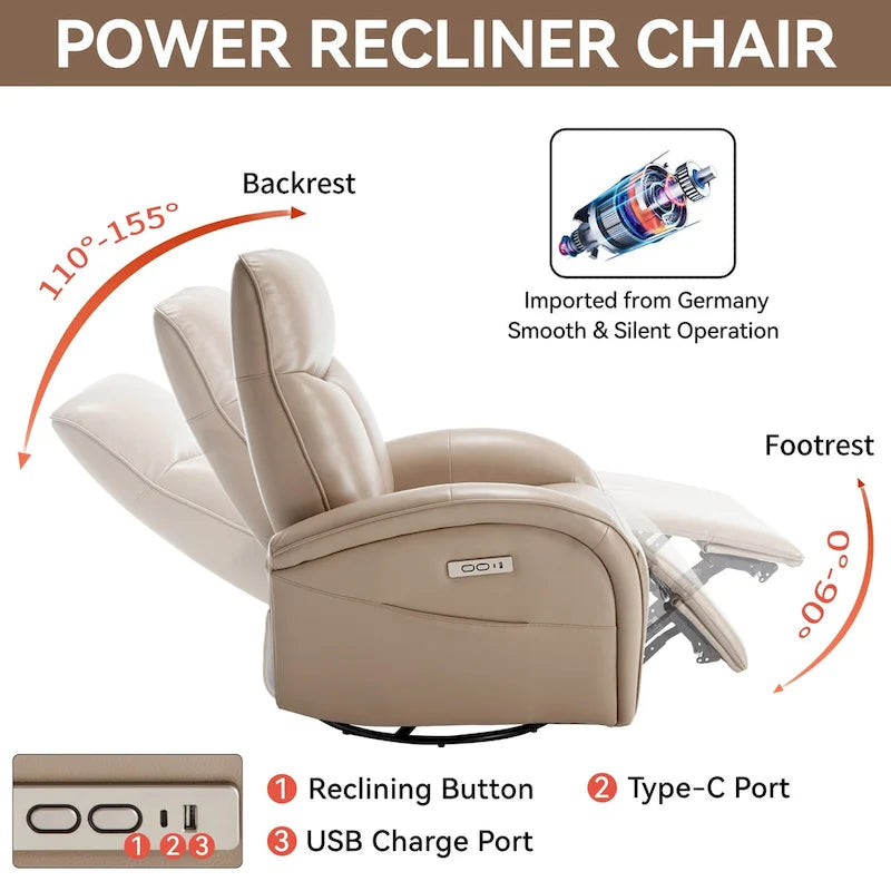 Sillón reclinable eléctrico giratorio de cuero genuino azul con carga USB