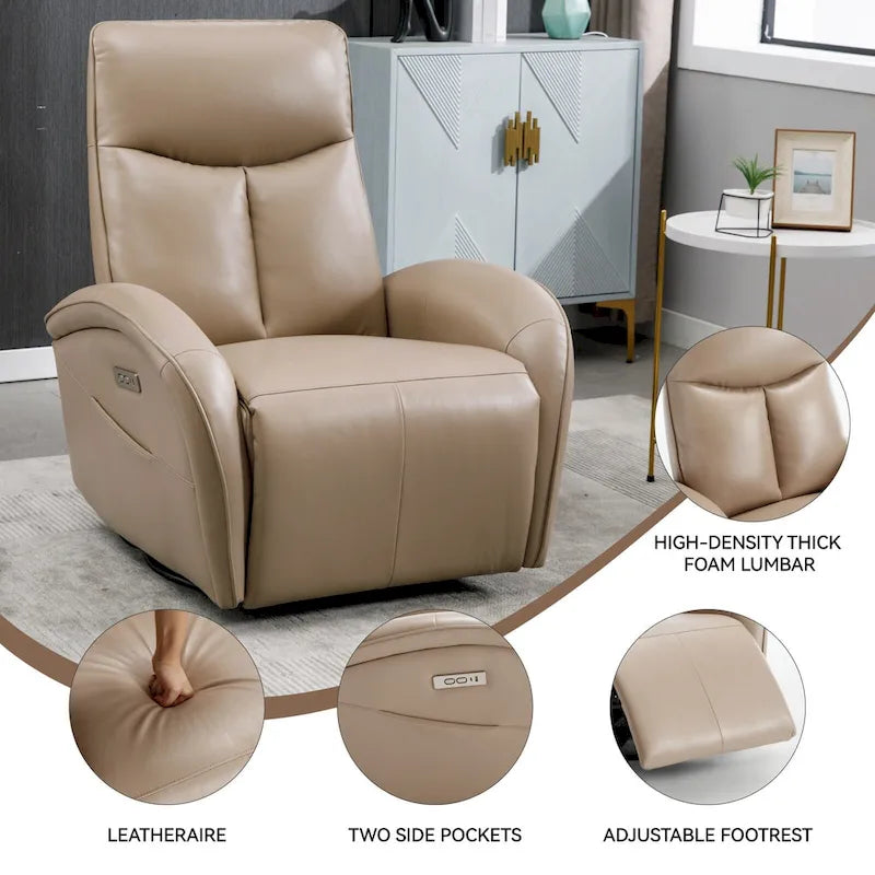 Sillón reclinable eléctrico giratorio de cuero genuino azul con carga USB