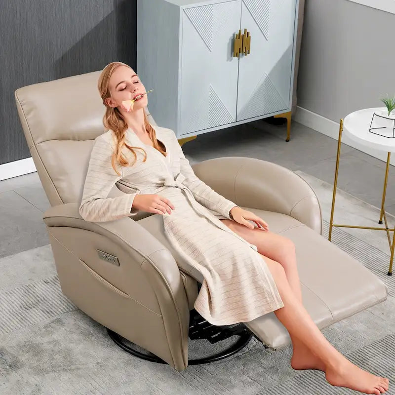 Sillón reclinable eléctrico giratorio de cuero genuino azul con carga USB