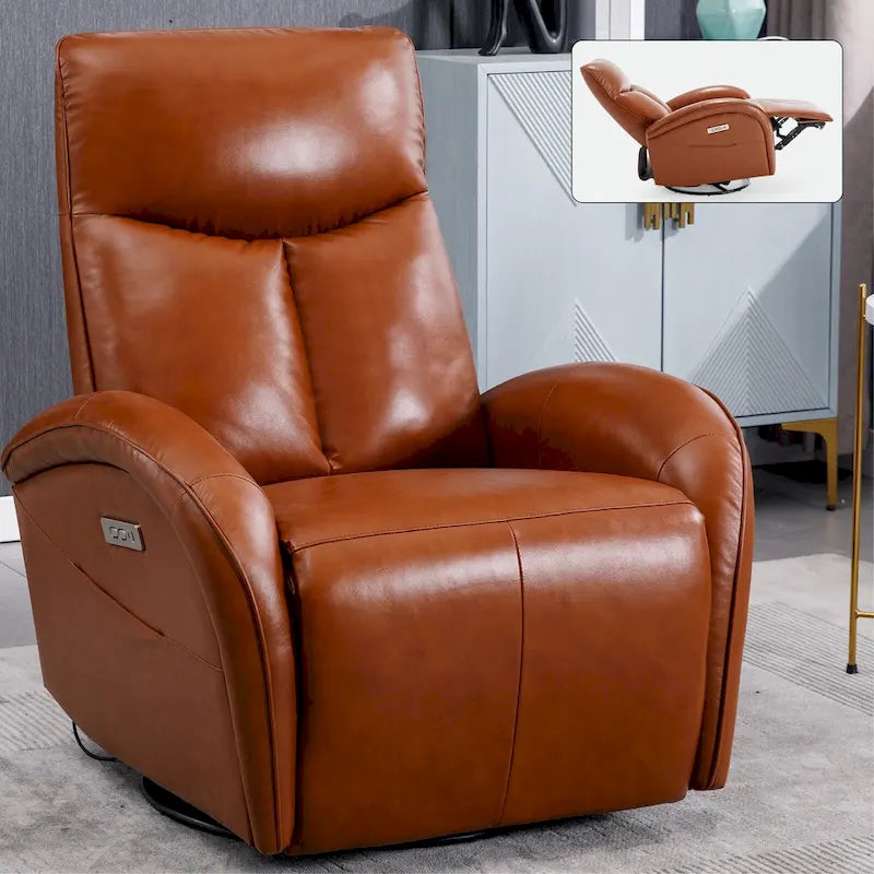 Sillón reclinable eléctrico giratorio de cuero genuino azul con carga USB