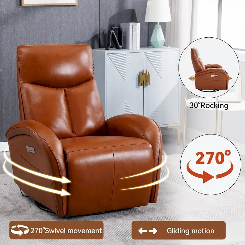 Sillón reclinable eléctrico giratorio de cuero genuino azul con carga USB