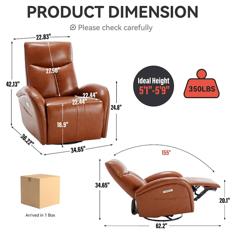 Sillón reclinable eléctrico giratorio de cuero genuino azul con carga USB