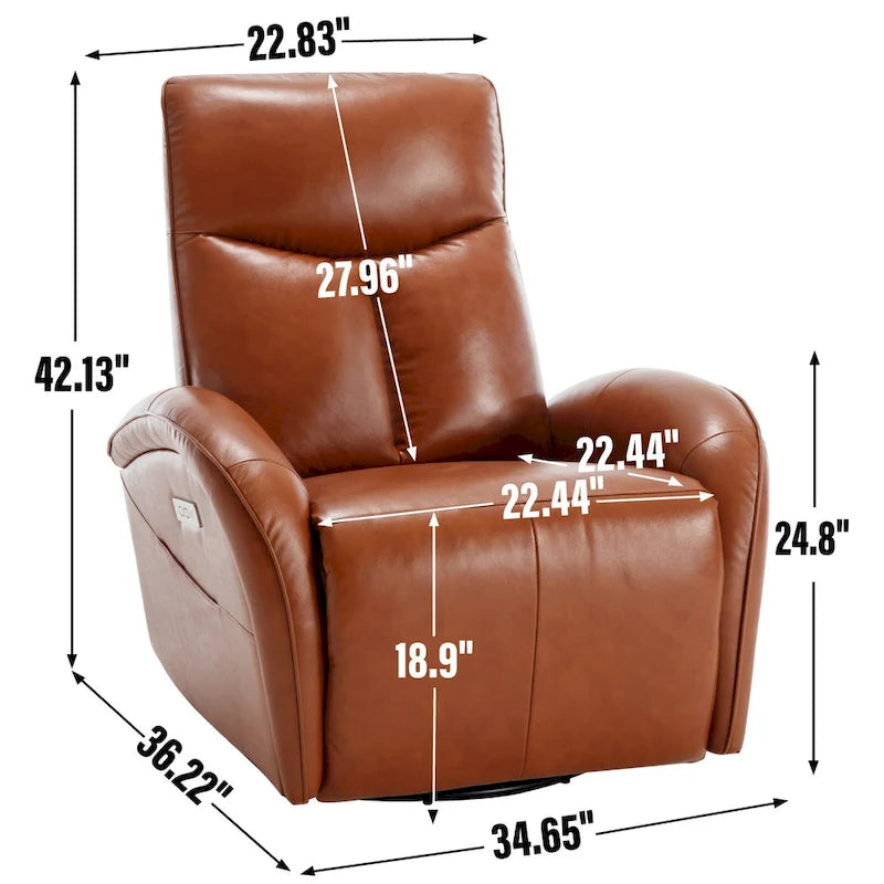 Sillón reclinable eléctrico giratorio de cuero genuino azul con carga USB