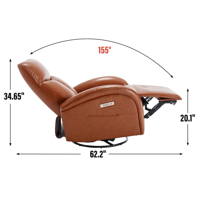 Sillón reclinable eléctrico giratorio de cuero genuino azul con carga USB
