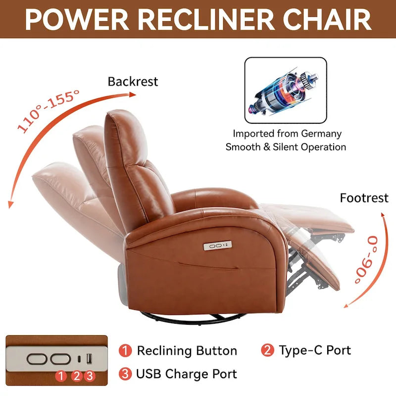 Sillón reclinable eléctrico giratorio de cuero genuino azul con carga USB