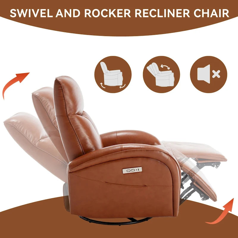 Sillón reclinable eléctrico giratorio de cuero genuino azul con carga USB