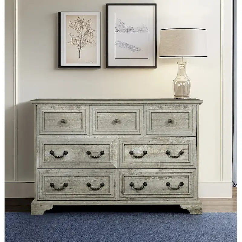 Cómoda horizontal moderna estilo granja de 7 cajones, diseño vintage, organizador de almacenamiento para dormitorio y sala de estar