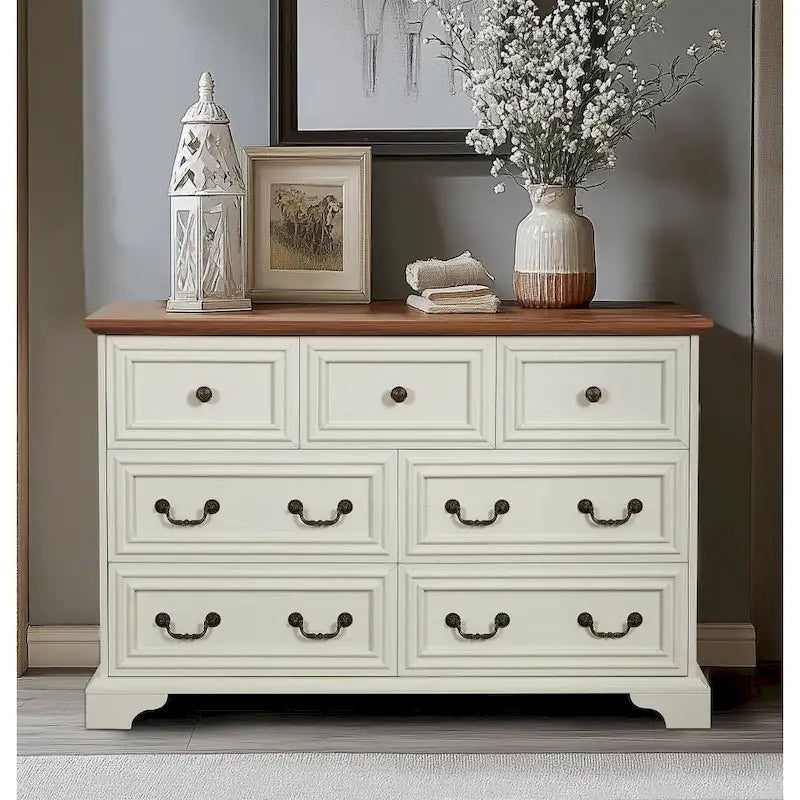 Cómoda horizontal moderna estilo granja de 7 cajones, diseño vintage, organizador de almacenamiento para dormitorio y sala de estar