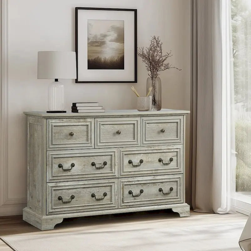 Cómoda horizontal moderna estilo granja de 7 cajones, diseño vintage, organizador de almacenamiento para dormitorio y sala de estar