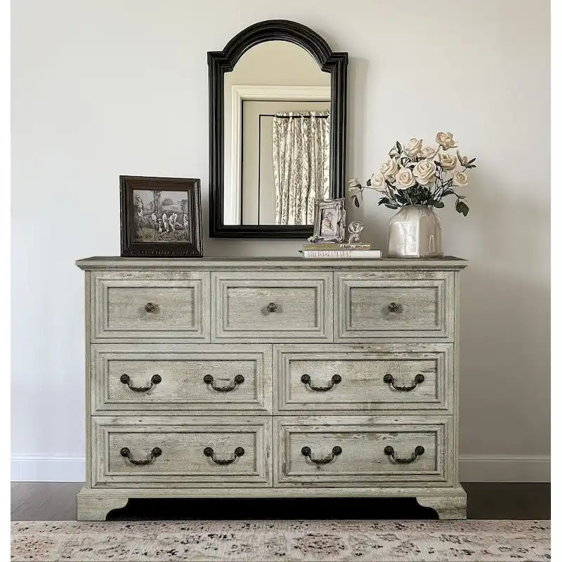 Cómoda horizontal moderna estilo granja de 7 cajones, diseño vintage, organizador de almacenamiento para dormitorio y sala de estar