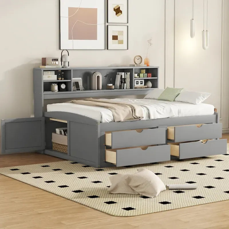 Cama nido de madera tamaño matrimonial con armarios, estantes y cajones