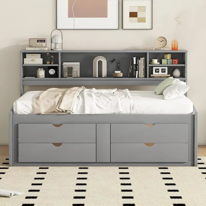 Cama nido de madera tamaño matrimonial con armarios, estantes y cajones