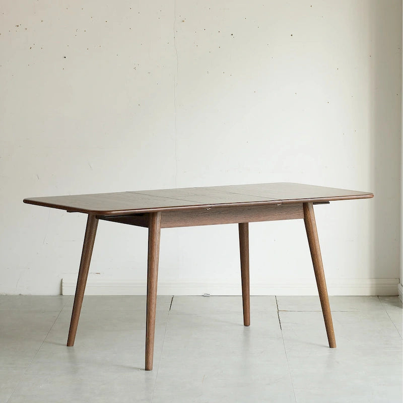 Mesa telescópica de comedor de madera de roble macizo, color nogal, con esquinas redondeadas y patas diagonales (color nogal)