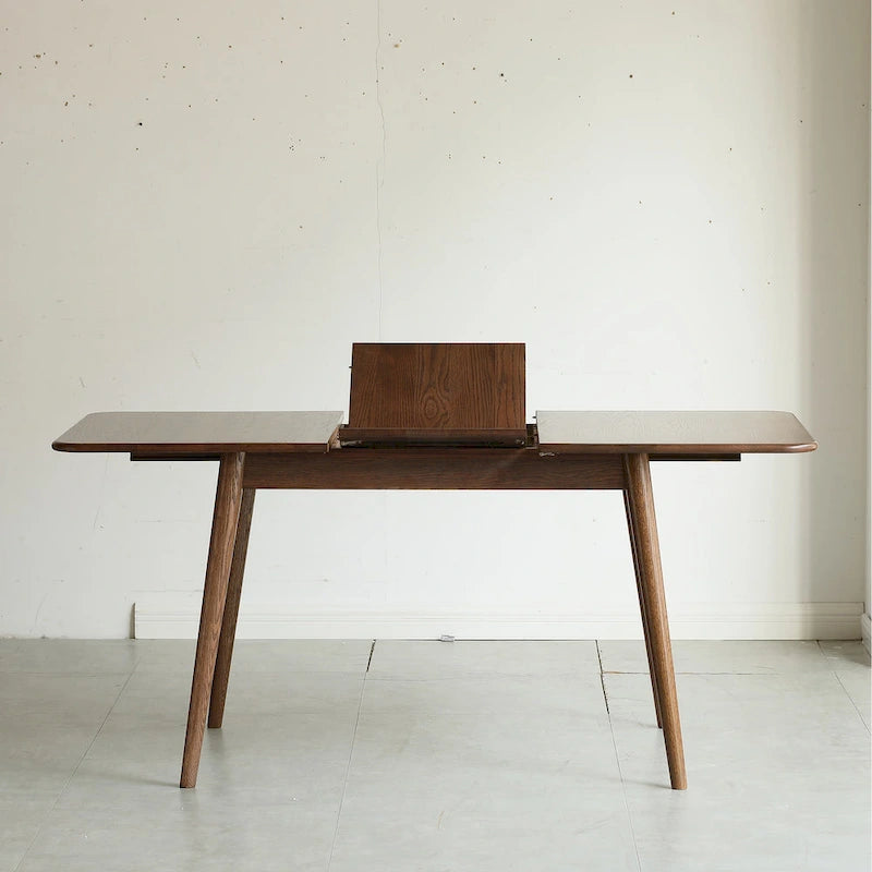 Mesa telescópica de comedor de madera de roble macizo, color nogal, con esquinas redondeadas y patas diagonales (color nogal)