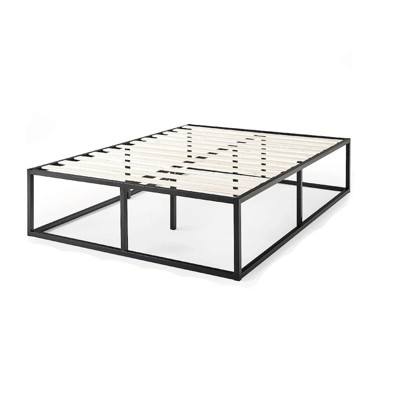 Estructura de cama de plataforma de metal negro con listones de madera