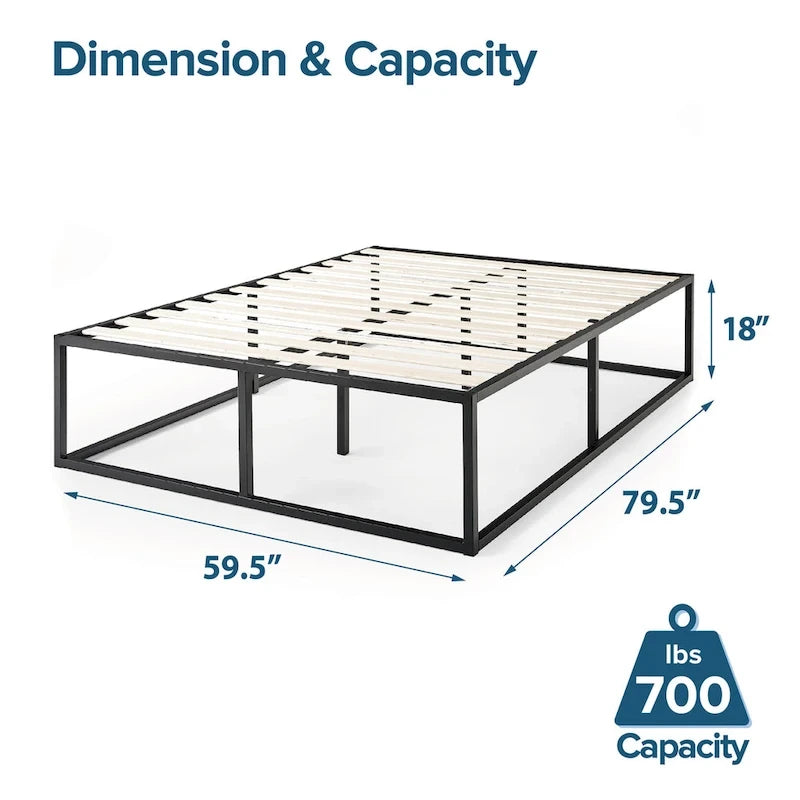 Estructura de cama de plataforma de metal negro con listones de madera